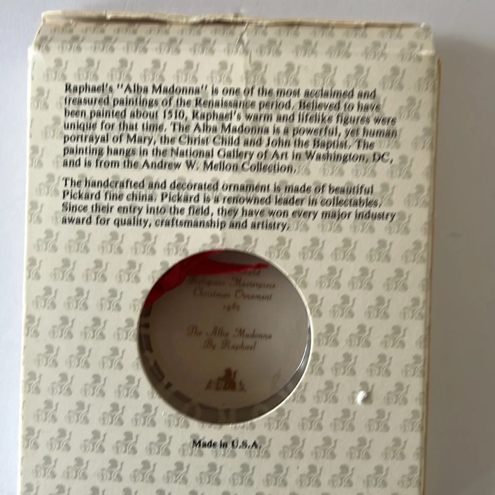 Pickard Religious Fine China Christmas Ornament The ALBA MADONNA by RAPHAEL 1985